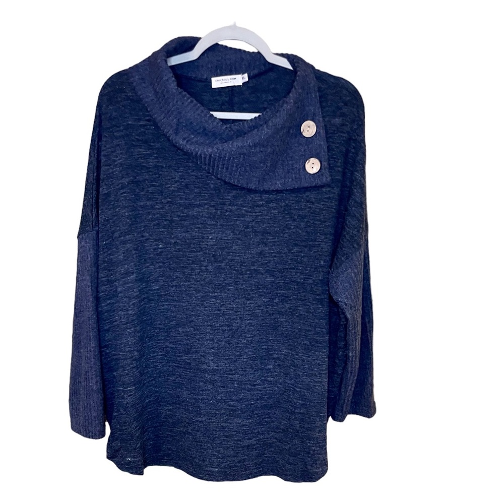 Chicsoul knit tunic top cowl neck & side buttons Extra Large navy space dye EUC